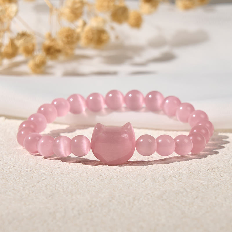 Adjustable Cat's Eye Beaded Bracelet with Cat Head Motif