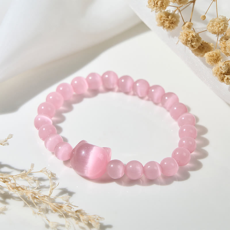 Adjustable Cat's Eye Beaded Bracelet with Cat Head Motif
