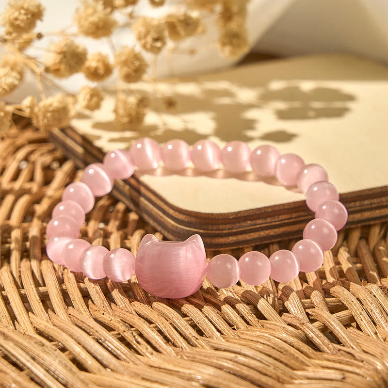 Adjustable Cat's Eye Beaded Bracelet with Cat Head Motif