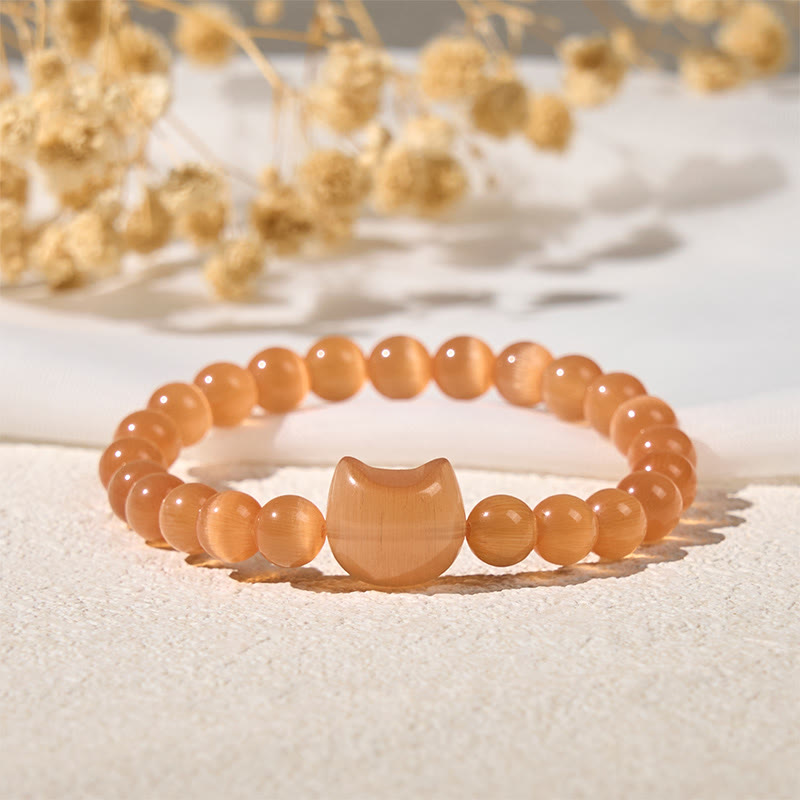 Adjustable Cat's Eye Beaded Bracelet with Cat Head Motif