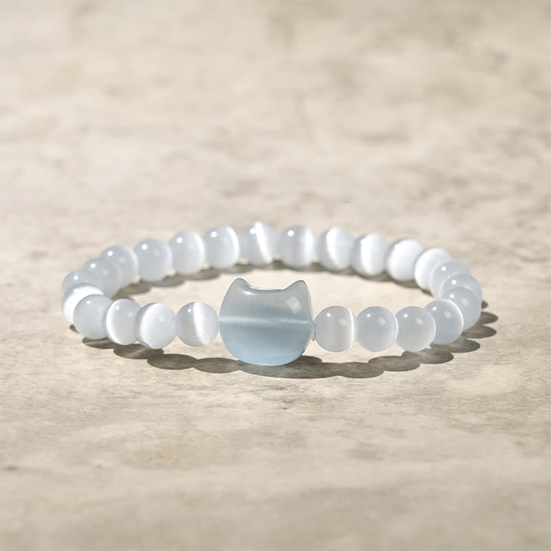 Adjustable Cat's Eye Beaded Bracelet with Cat Head Motif