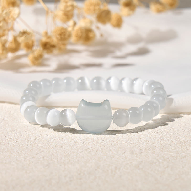 Adjustable Cat's Eye Beaded Bracelet with Cat Head Motif