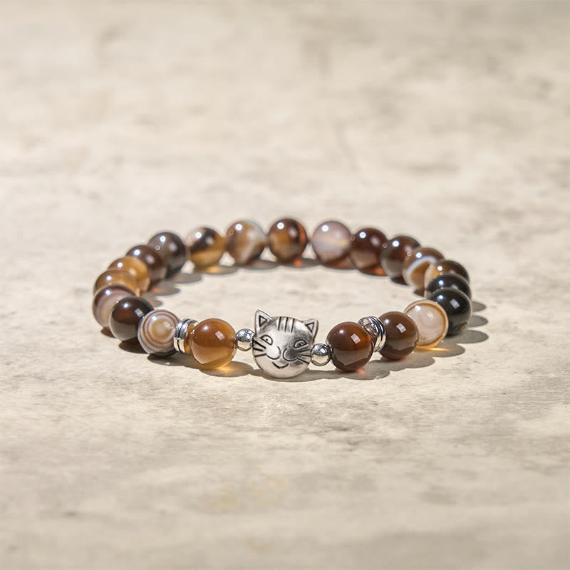 Chocolate Siamese Cat Natural Brown Striped Agate Bead Stability Bracelet