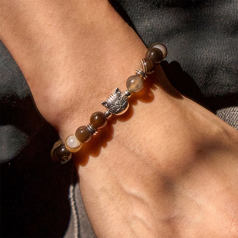 Chocolate Siamese Cat Natural Brown Striped Agate Bead Stability Bracelet