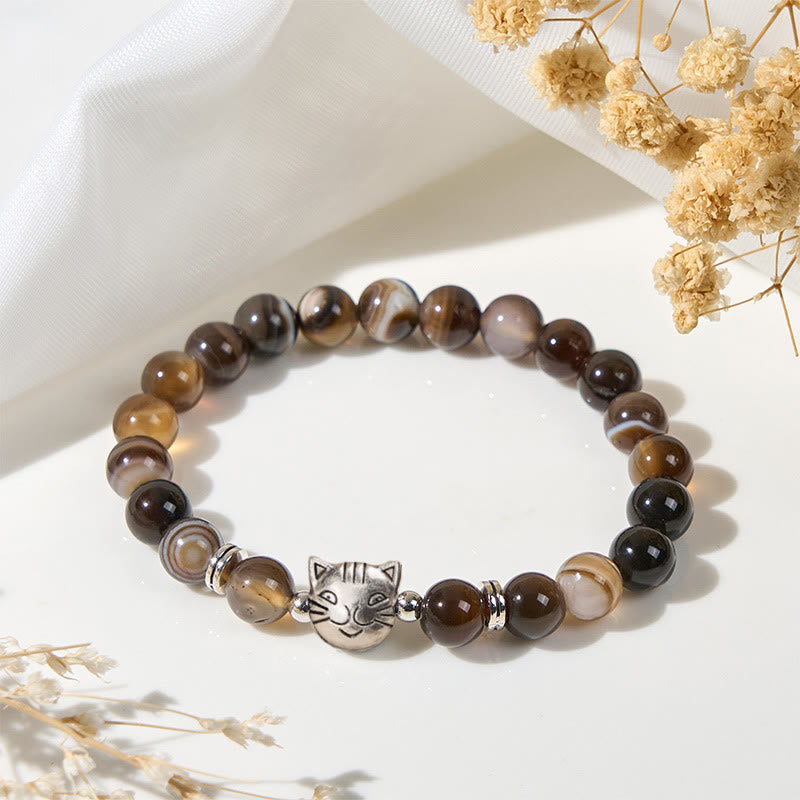 Chocolate Siamese Cat Natural Brown Striped Agate Bead Stability Bracelet