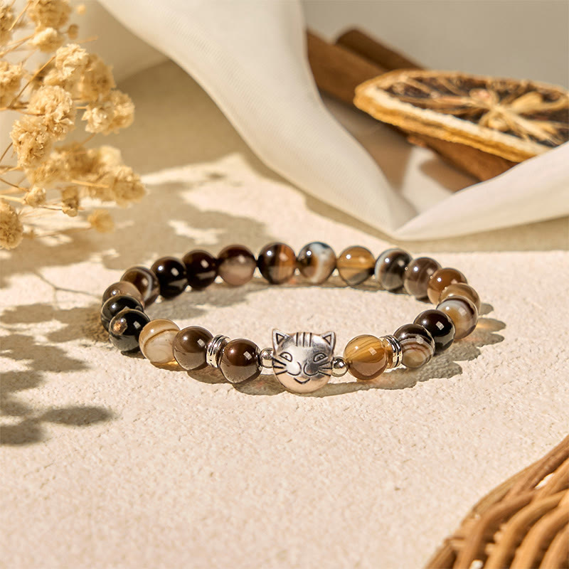 Chocolate Siamese Cat Natural Brown Striped Agate Bead Stability Bracelet