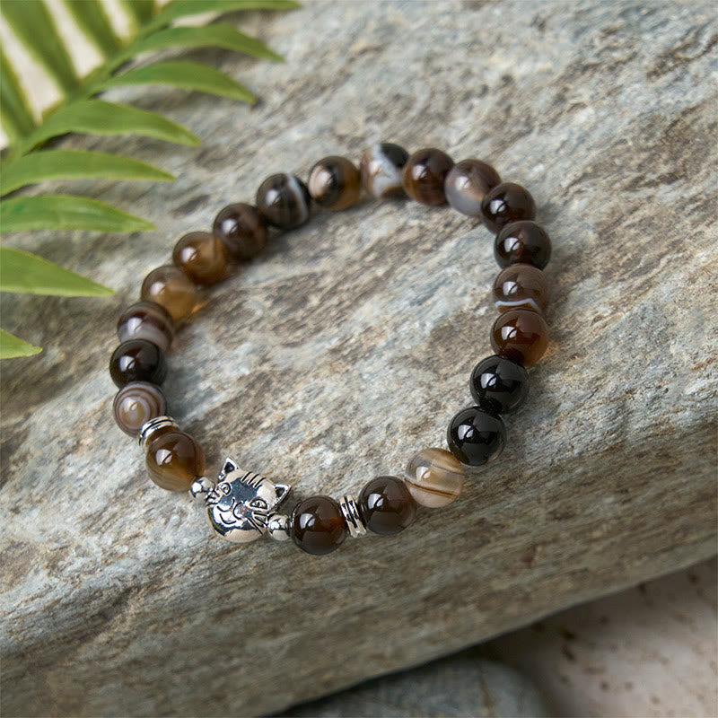Chocolate Siamese Cat Natural Brown Striped Agate Bead Stability Bracelet