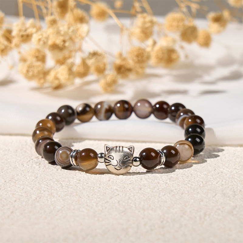 Chocolate Siamese Cat Natural Brown Striped Agate Bead Stability Bracelet