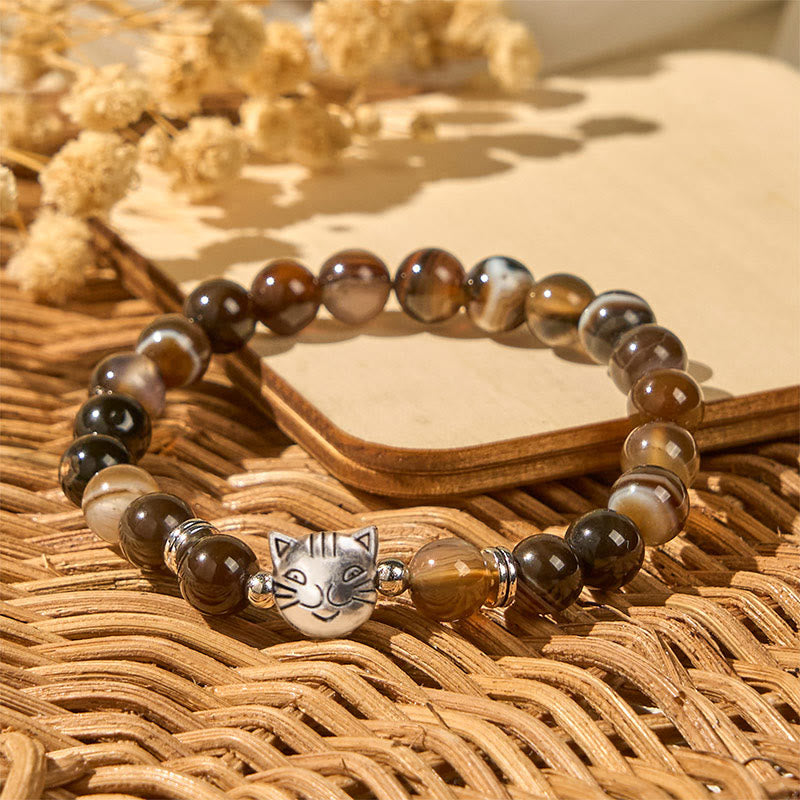 Chocolate Siamese Cat Natural Brown Striped Agate Bead Stability Bracelet
