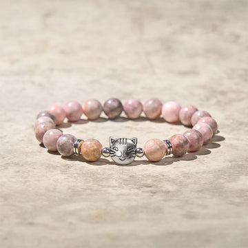 8mm Zebra Jasper Cat Design Beaded Bracelet for Energetic Grounding