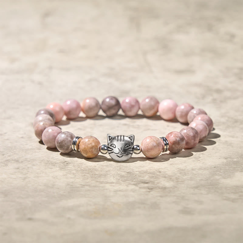 8mm Zebra Jasper Cat Design Beaded Bracelet for Energetic Grounding