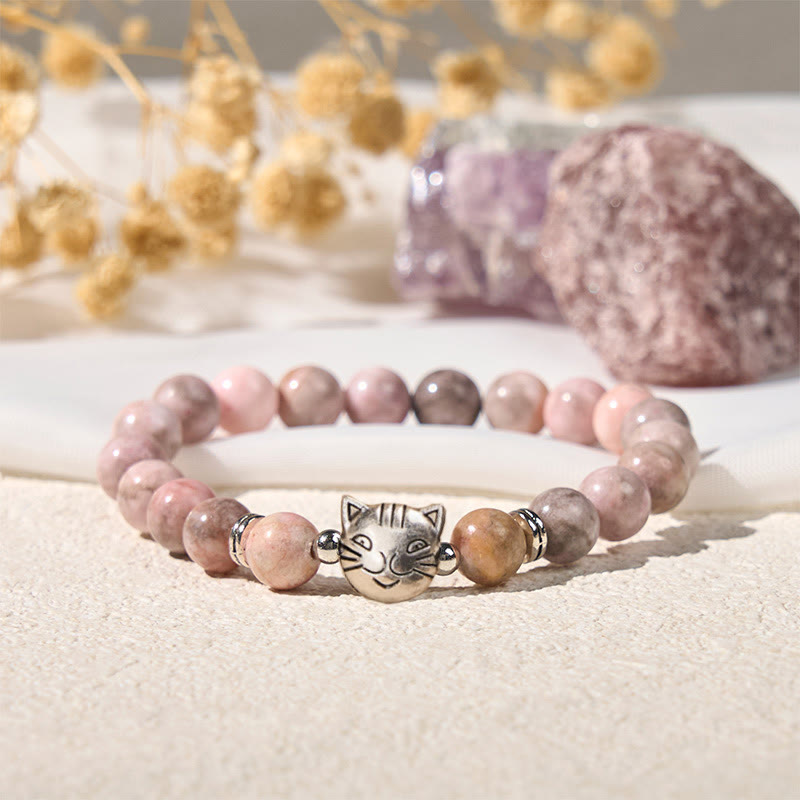 8mm Zebra Jasper Cat Design Beaded Bracelet for Energetic Grounding