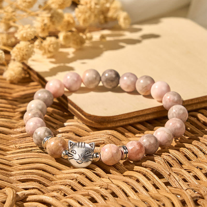 8mm Zebra Jasper Cat Design Beaded Bracelet for Energetic Grounding