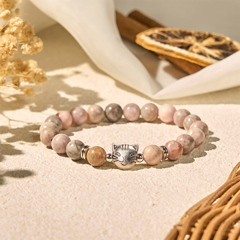 8mm Zebra Jasper Cat Design Beaded Bracelet for Energetic Grounding
