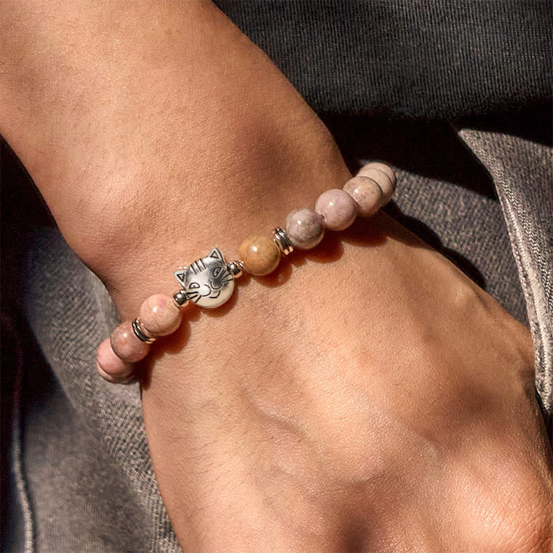8mm Zebra Jasper Cat Design Beaded Bracelet for Energetic Grounding