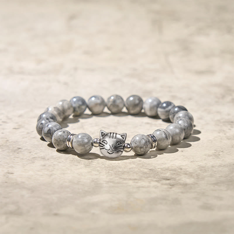 Natural Grey Jasper Beaded Bracelet with Feline Charm