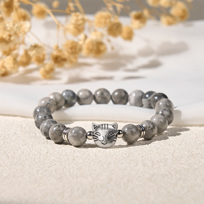 Natural Grey Jasper Beaded Bracelet with Feline Charm