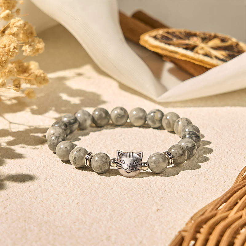 Natural Grey Jasper Beaded Bracelet with Feline Charm