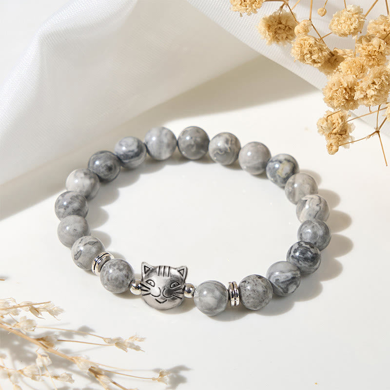 Natural Grey Jasper Beaded Bracelet with Feline Charm