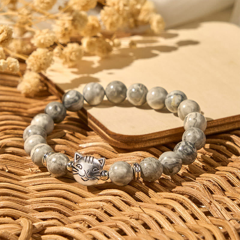 Natural Grey Jasper Beaded Bracelet with Feline Charm
