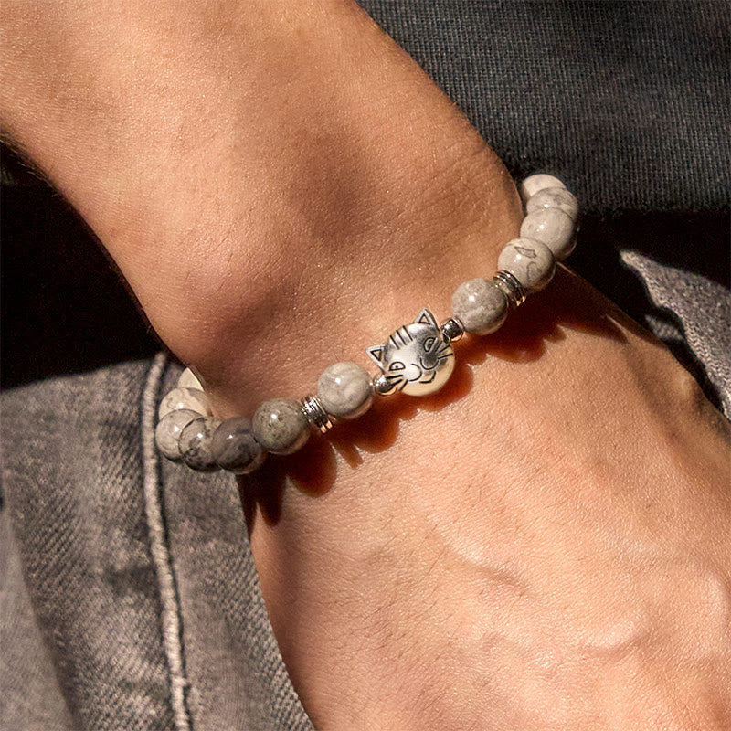 Natural Grey Jasper Beaded Bracelet with Feline Charm