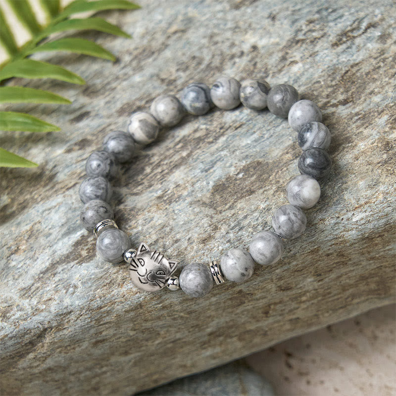 Natural Grey Jasper Beaded Bracelet with Feline Charm