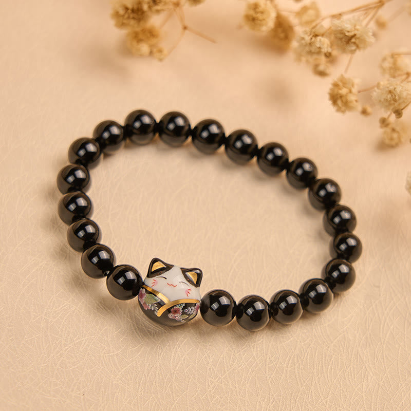 Natural Black Onyx and Ceramic Kitten Charm Minimalist Bracelet