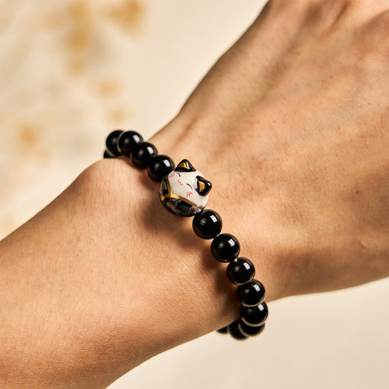 Natural Black Onyx and Ceramic Kitten Charm Minimalist Bracelet