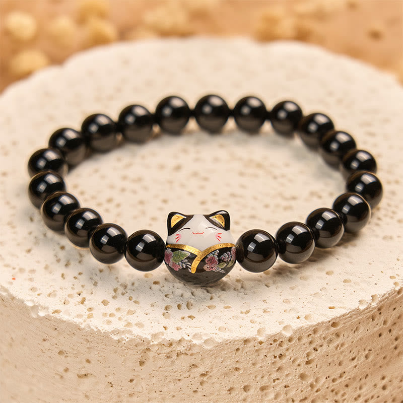 Natural Black Onyx and Ceramic Kitten Charm Minimalist Bracelet