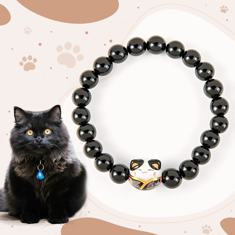 Natural Black Onyx and Ceramic Kitten Charm Minimalist Bracelet