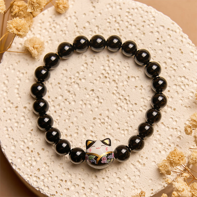 Natural Black Onyx and Ceramic Kitten Charm Minimalist Bracelet