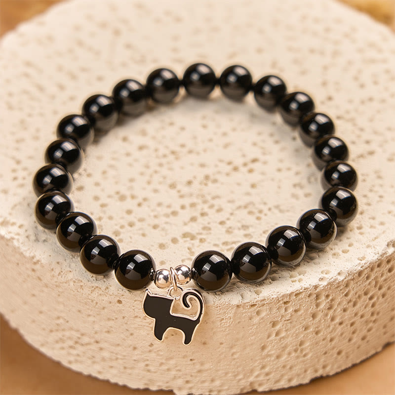 925 Sterling Silver Kitten Charm Black Cat Natural Black Onyx Protection Bracelet
