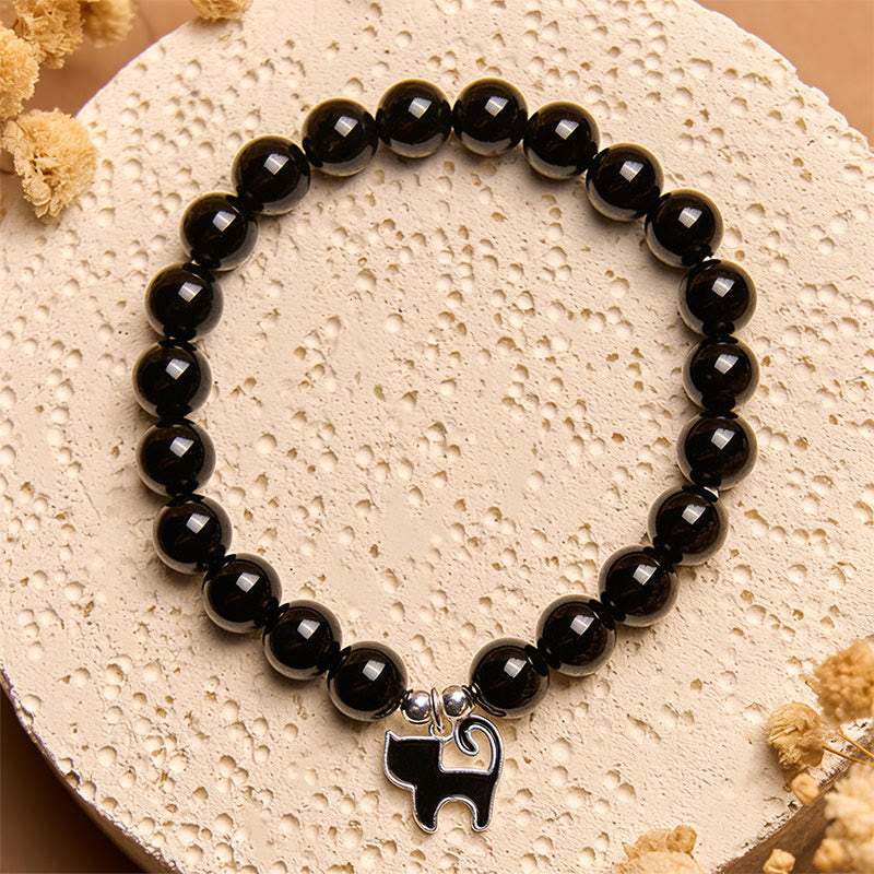 925 Sterling Silver Kitten Charm Black Cat Natural Black Onyx Protection Bracelet