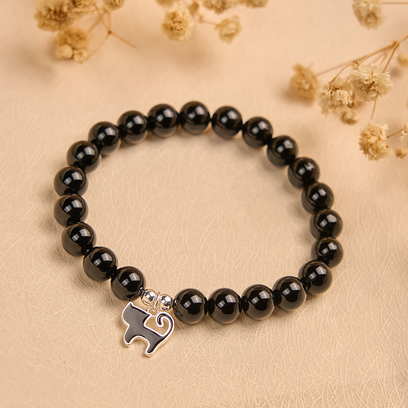 925 Sterling Silver Kitten Charm Black Cat Natural Black Onyx Protection Bracelet