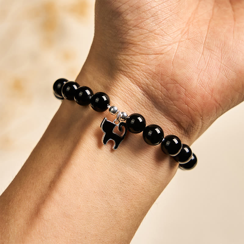 925 Sterling Silver Kitten Charm Black Cat Natural Black Onyx Protection Bracelet
