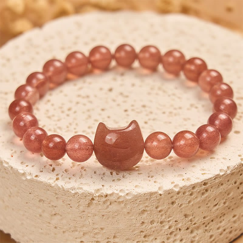 Natural Strawberry Quartz Cat Charm Bracelet for 15-16cm Wrists