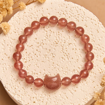 Natural Strawberry Quartz Cat Charm Bracelet for 15-16cm Wrists