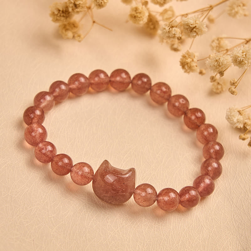 Natural Strawberry Quartz Cat Charm Bracelet for 15-16cm Wrists