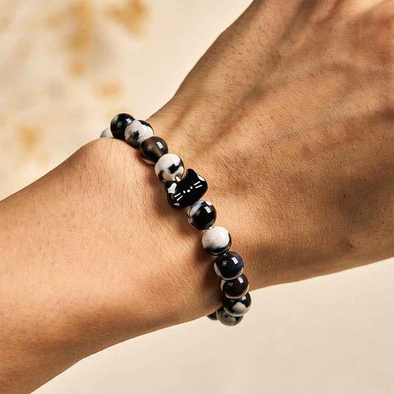 Black and White Cat Fire Agate Confidence Bracelet