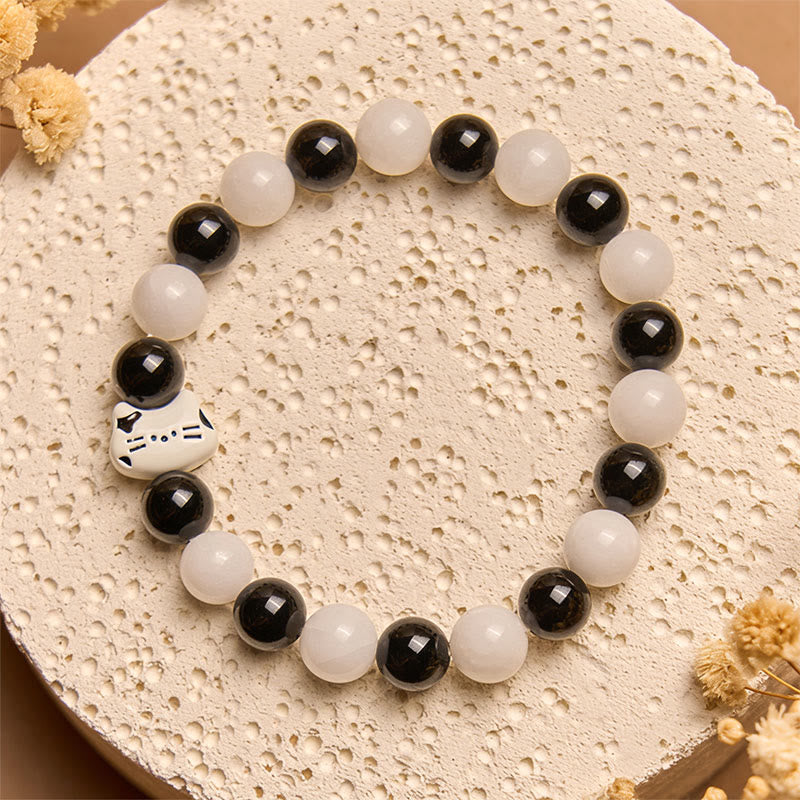 Bicolor Cat Motif Black Onyx and White Chalcedony Beaded Bracelet