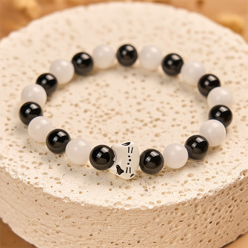 Bicolor Cat Motif Black Onyx and White Chalcedony Beaded Bracelet