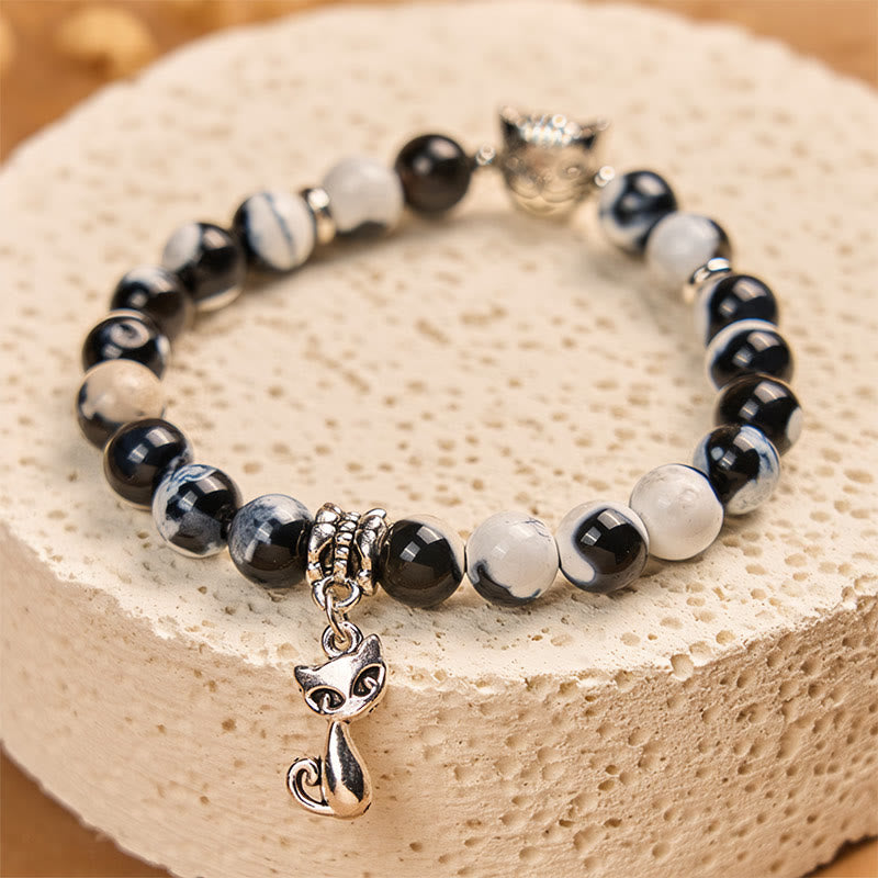 Black and White Cat Fire Agate Bead Love Bracelet