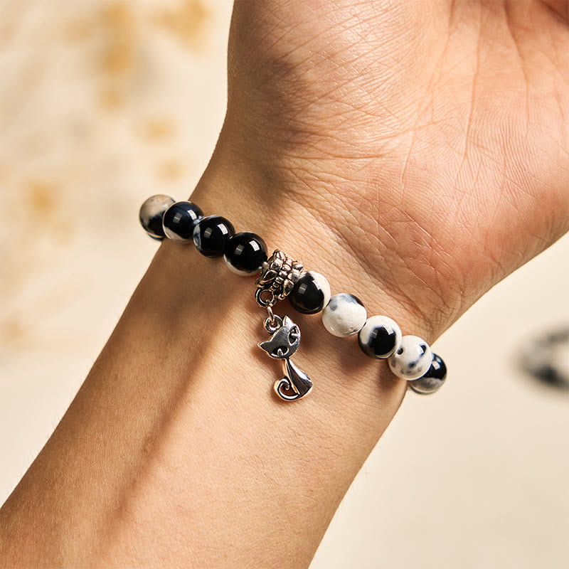 Black and White Cat Fire Agate Bead Love Bracelet