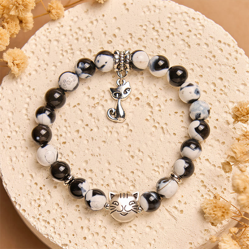 Black and White Cat Fire Agate Bead Love Bracelet