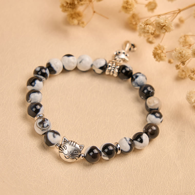 Black and White Cat Fire Agate Bead Love Bracelet