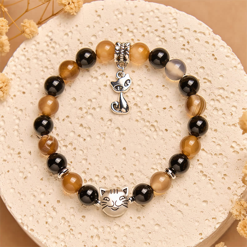 Tortoiseshell Cat Light Brown Striped Agate Black Onyx Protection Bracelet