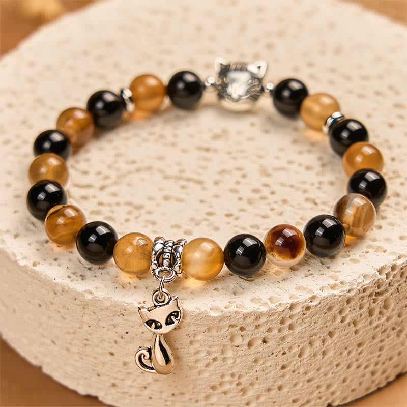 Tortoiseshell Cat Light Brown Striped Agate Black Onyx Protection Bracelet