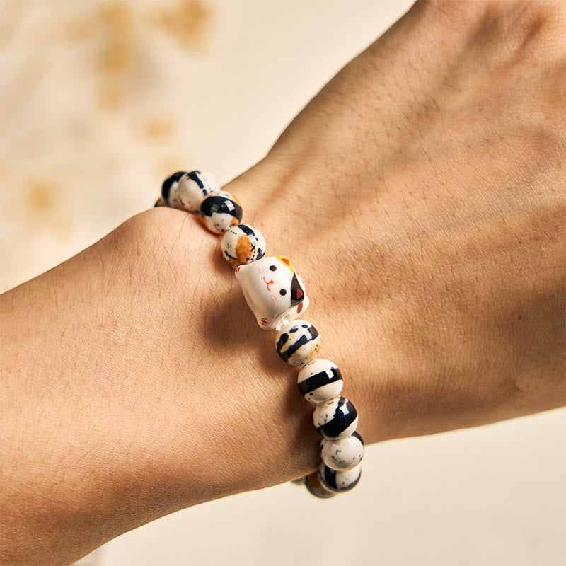 Calico Cat Natural Stone Ceramic Kitten Head Strength Bracelet
