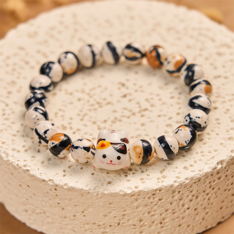 Calico Cat Natural Stone Ceramic Kitten Head Strength Bracelet
