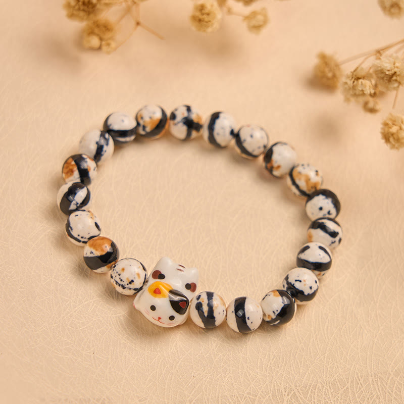 Calico Cat Natural Stone Ceramic Kitten Head Strength Bracelet